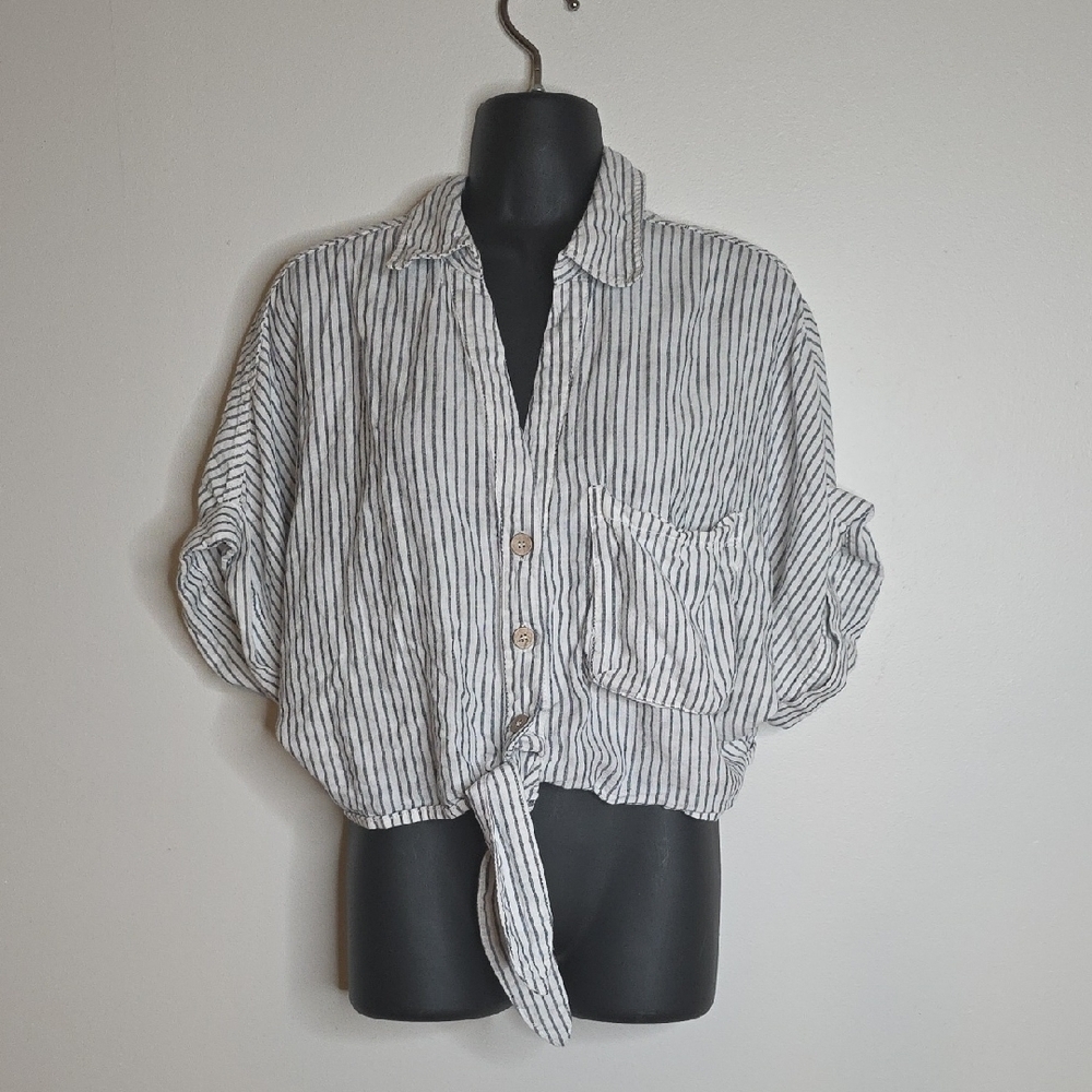 Zara Navy and White Linen Blend Striped Shirt Size Small